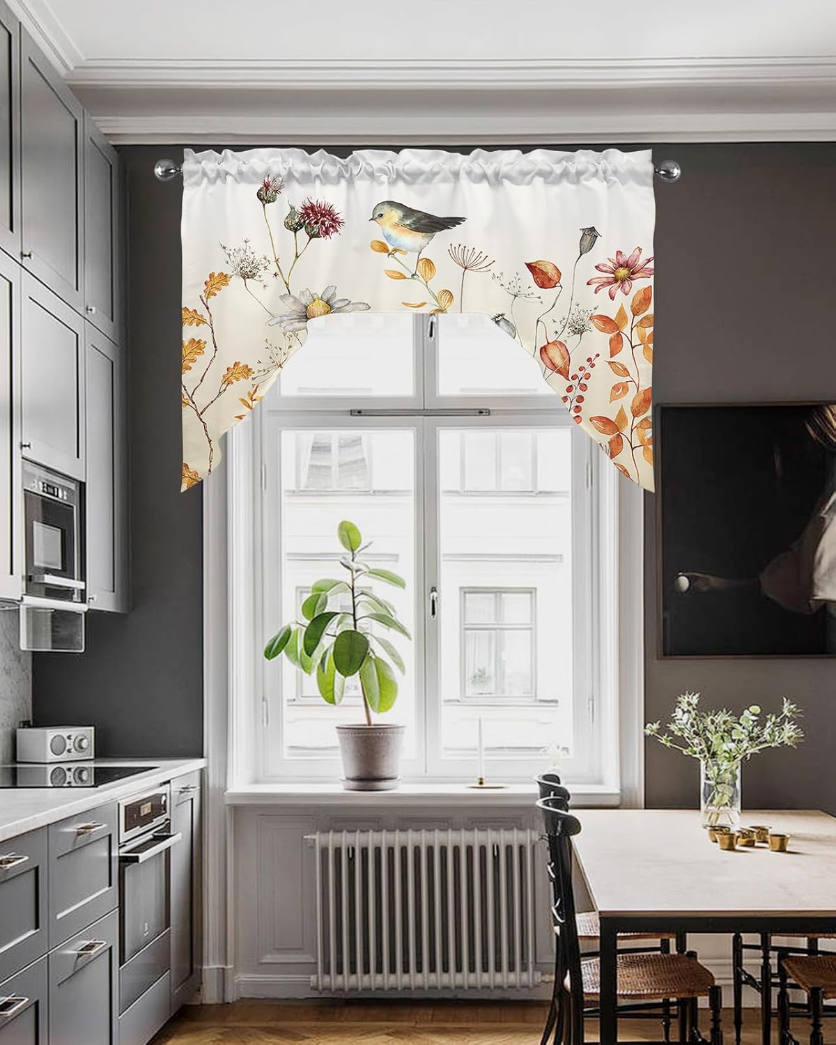 Fall Flower Bird Swag Valance Kitchen Curtains, Rod Pocket, Eucalyptus Leaves 56''x36'' X32867
