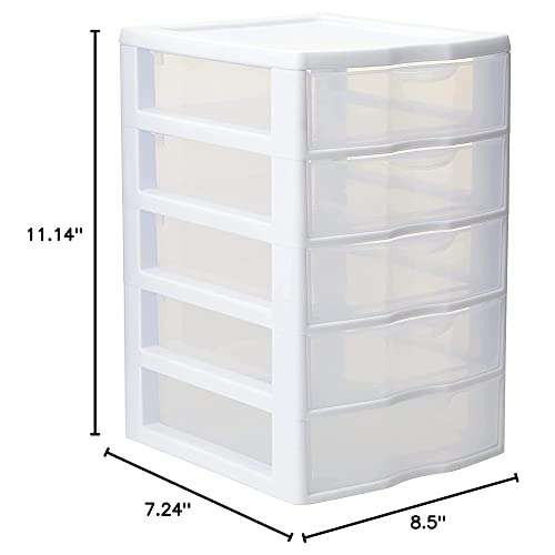 Sterilite Small 5 Drawer Desktop Storage Unit, White with Clear Drawers, 12-Pack K500