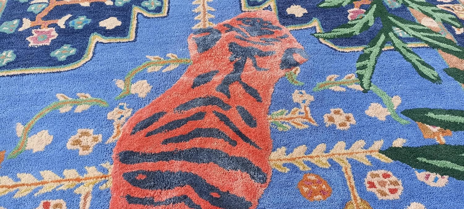 Bengal Tiger Animal Print Wool Area Rug Handmade Palm Leaves Design Red 9'x12' I762226