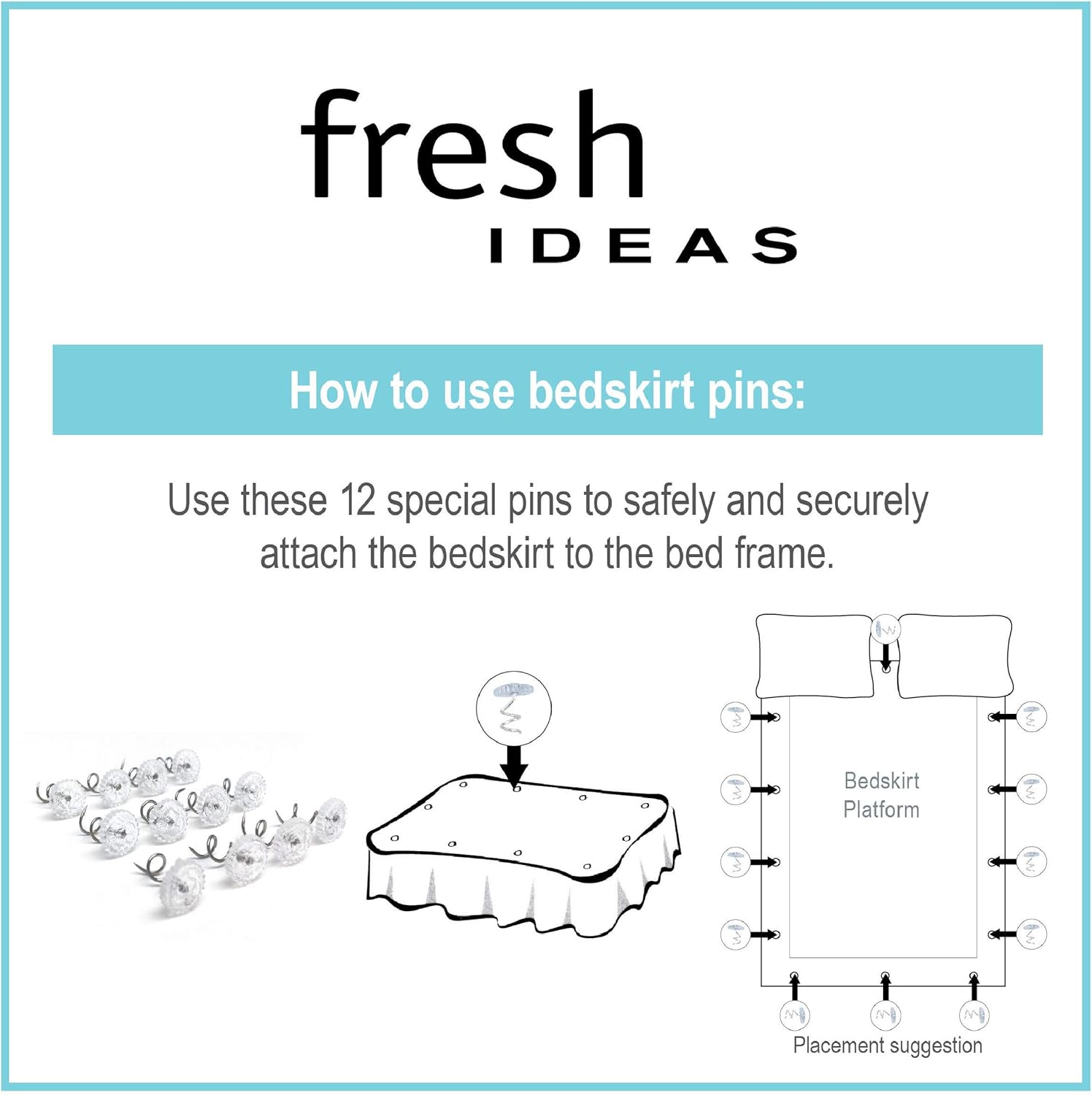 FRESH IDEAS Dust Ruffle Spiral Push Pins, Set of 12, White I2075