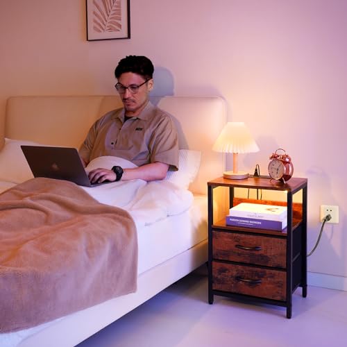 Yoobure Nightstand with Charging Station, LED Light, Fabric Drawers U936