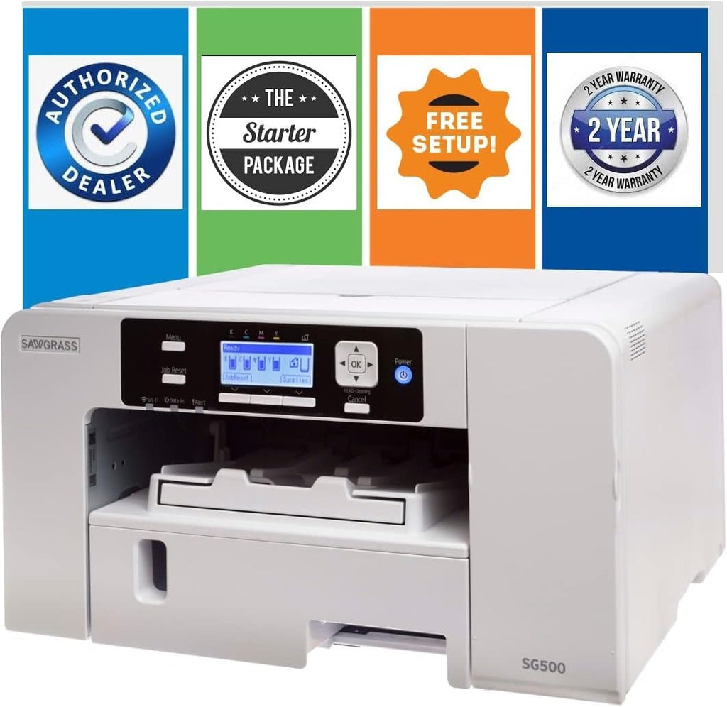Sawgrass UHD Virtuoso SG500 Sublimation Printer Starter Bundle with Inks, Sublimax Paper, 3 Tapes,10-Piece Sublimation Blanks Pack & SG500 Printer Dust Cover, White