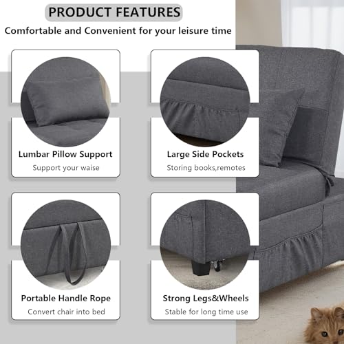 Convertible Sofa Bed 4-in-1 Sleeper Chair with Pillow, Dark Gray L20460