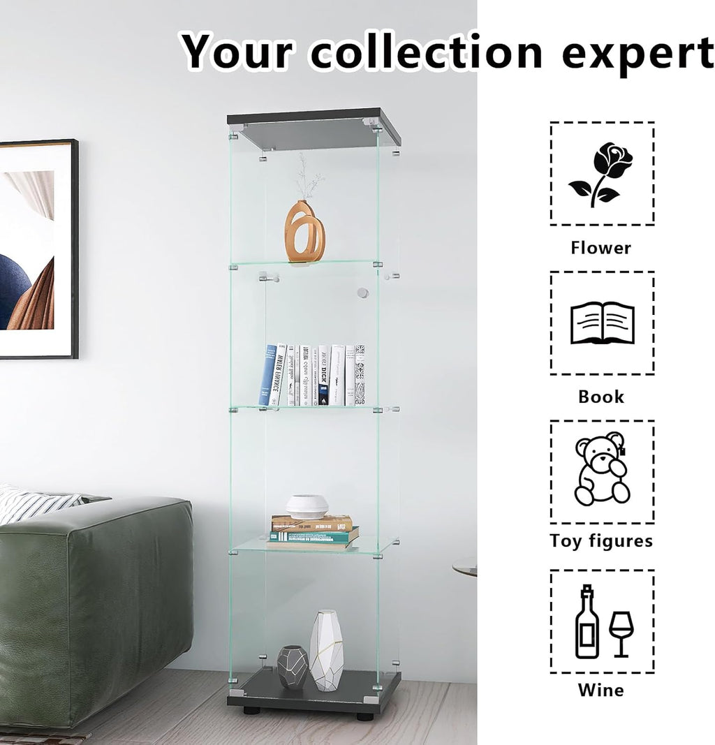 Glass Display Cabinet 4 Shelves with Door, Tempered Glass Curio Cabinet K215