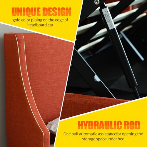 Queen Size Hydraulic Lift Bed with Wing Back Headboard, Ocher S368091