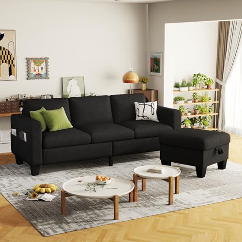 Convertible Sectional Sofa Couch Beige with Storage Ottoman S7169