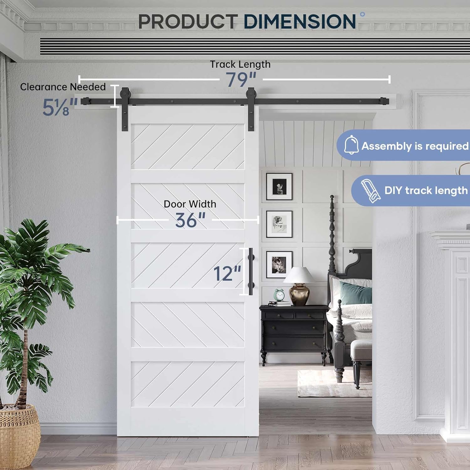 EaseLife 36in x 84in White Barn Door with Sliding Hardware Kit, MDF, 5-Panel E2923