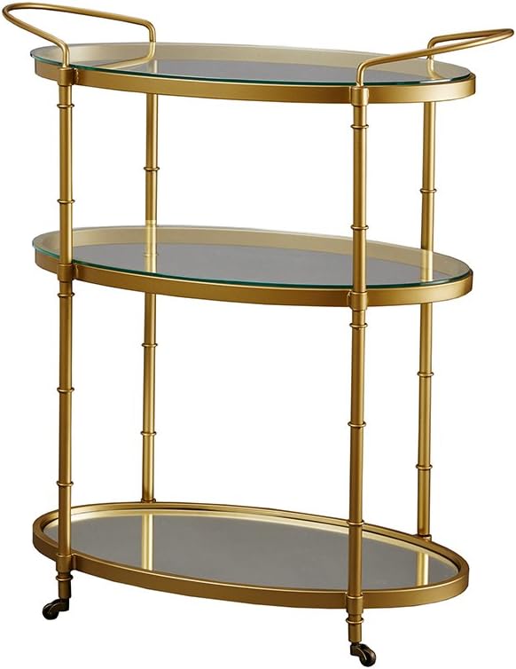 Antique Gold Bar Cart with Glass Shelves, Rolling Beverage Serving Cart M42000