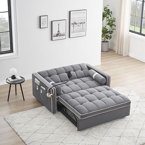 55" Modern Velvet Sleeper Sofa Couch with Pull Out Bed, Gray K15046