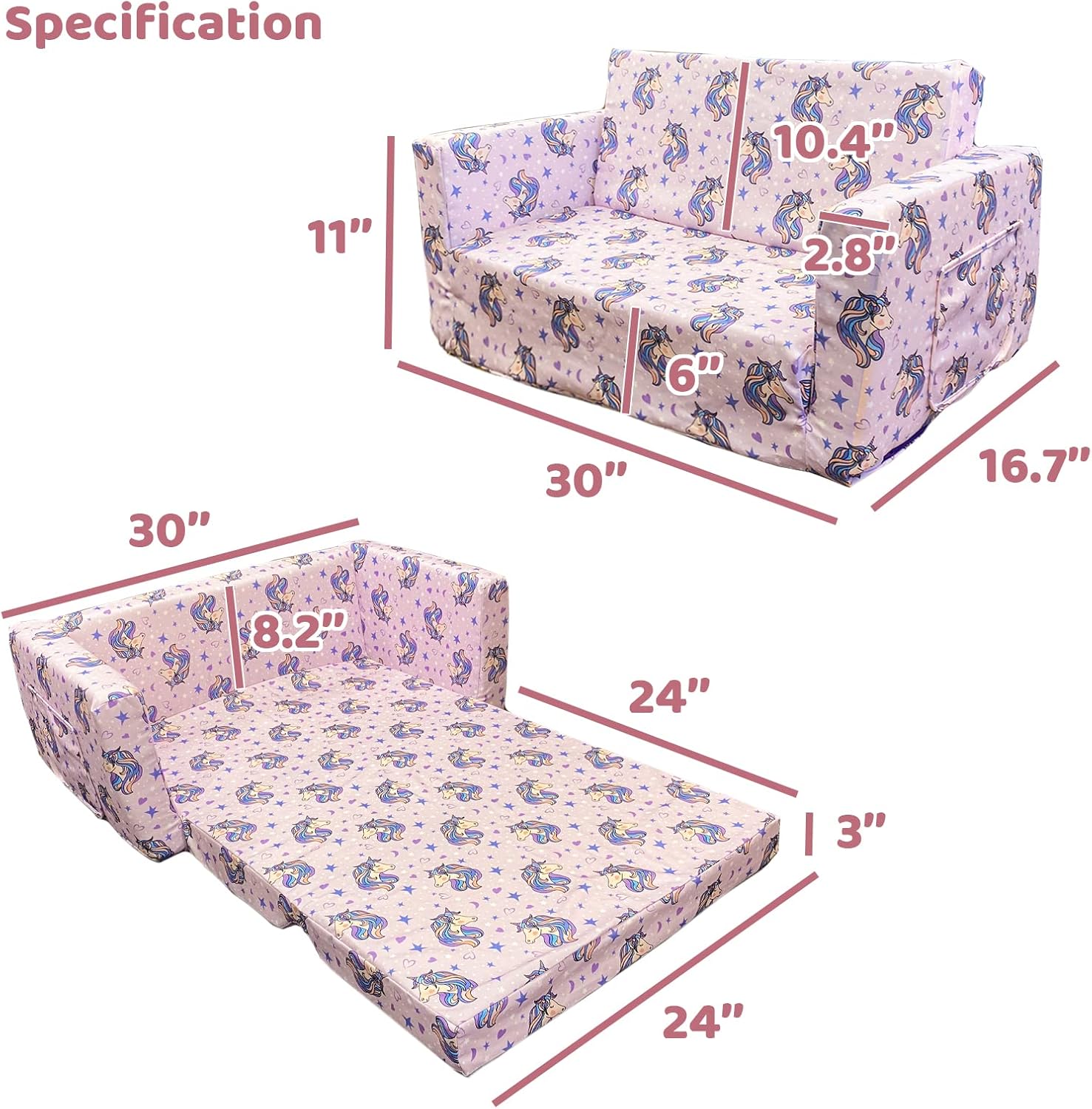Convertible Kids Sofa Sleeper Bed with Dinosaur Print, 2 Seats Q6312
