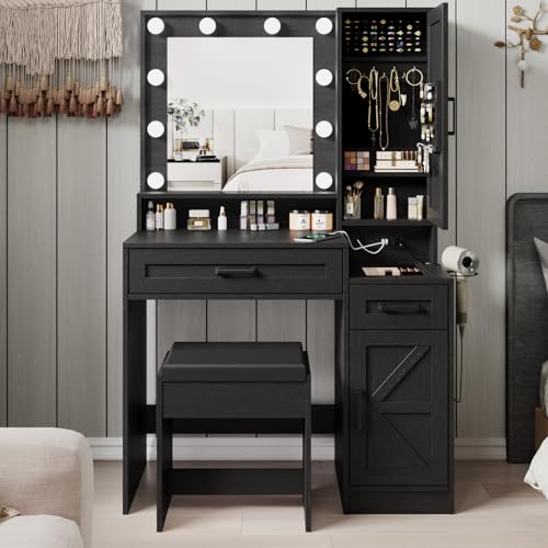 Fameill Vanity Desk with Mirror and Lights,Small Make up Vanity with Chair and Outlet,Makeup Table with Jewelry Cabinet, Bedroom Vanity with 2 Drawers, 3 Lighting Colors,36.4 inch,White