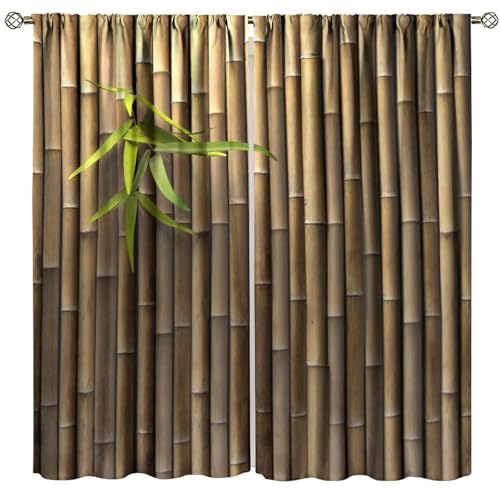Bamboo Curtains, Green Bamboo Forest Painting Style Print for Room Decor, Rod Pocket Blackout Window Drapes for Bedroom Living Room 52" W X 84" L