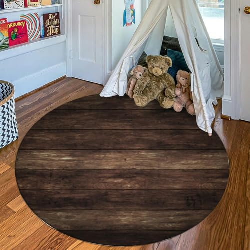 Washable Small Round Area Rug 3ft Dark Wood Surface Y362