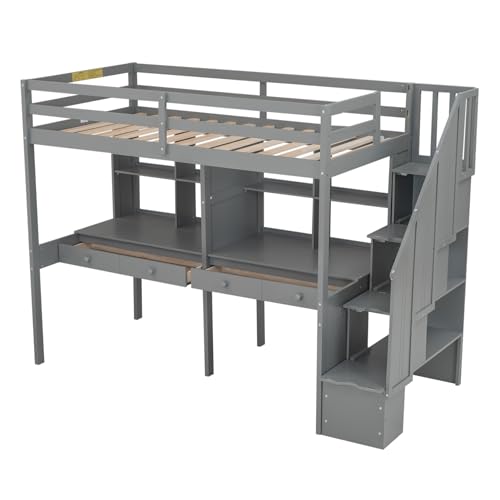 Full Size Loft Bed with Desk, Wardrobe and Storage Drawers, Gray N7914