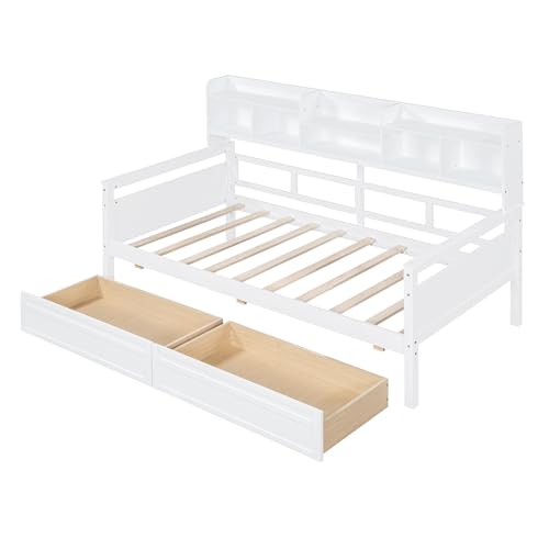 WADRI Twin Size Daybed with Bedside Shelf and 2 Storage Drawers, Wood Frame, Gray P301964