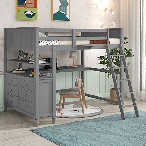 Gray Twin Loft Bed with Storage Cabinet and Desk, Wooden Frame with Bookcase I9318