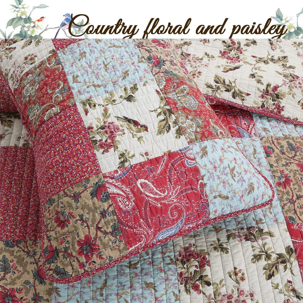 Cozy Line Home Fashions Adeline Red Teal Khaki Floral Cotton Reversible Coverlet Bedding Set Queen U44928