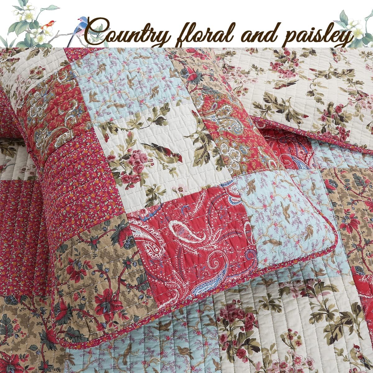 Cozy Line Home Fashions Adeline Red Teal Khaki Floral Cotton Reversible Coverlet Bedding Set Queen U44928