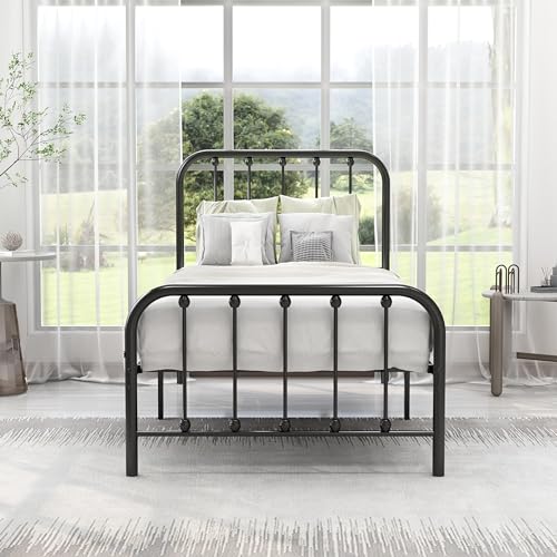 alazyhome Twin Size Metal Platform Bed Frame with Headboard and Footboard, Gold P164595