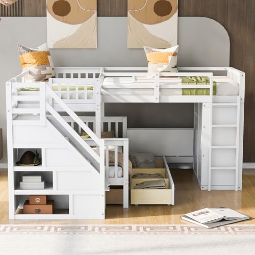 Harper & Bright Designs L-Shape Triple Bunk Bed with Stairs, Desk & Wardrobe, Espresso D9172