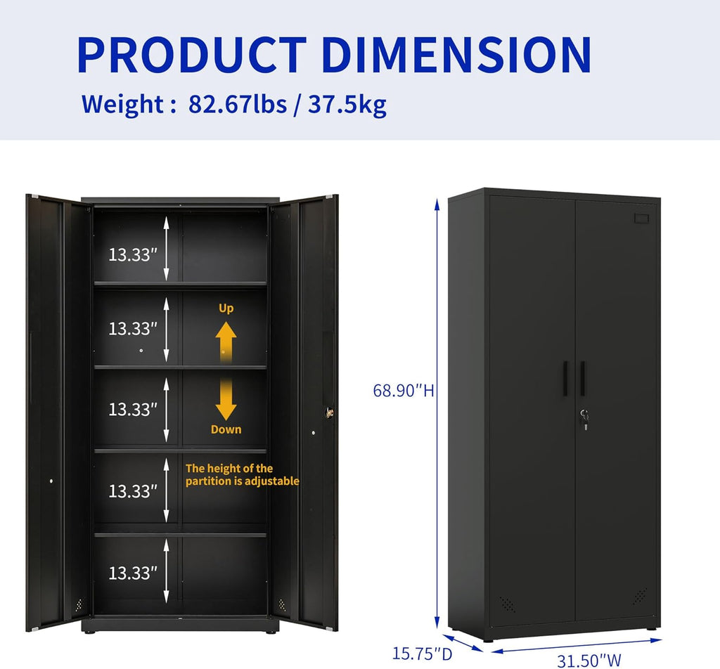 Metal Garage Storage Cabinet, Tall Locking Steel Cabinet with 4 Shelves (Black) G5446