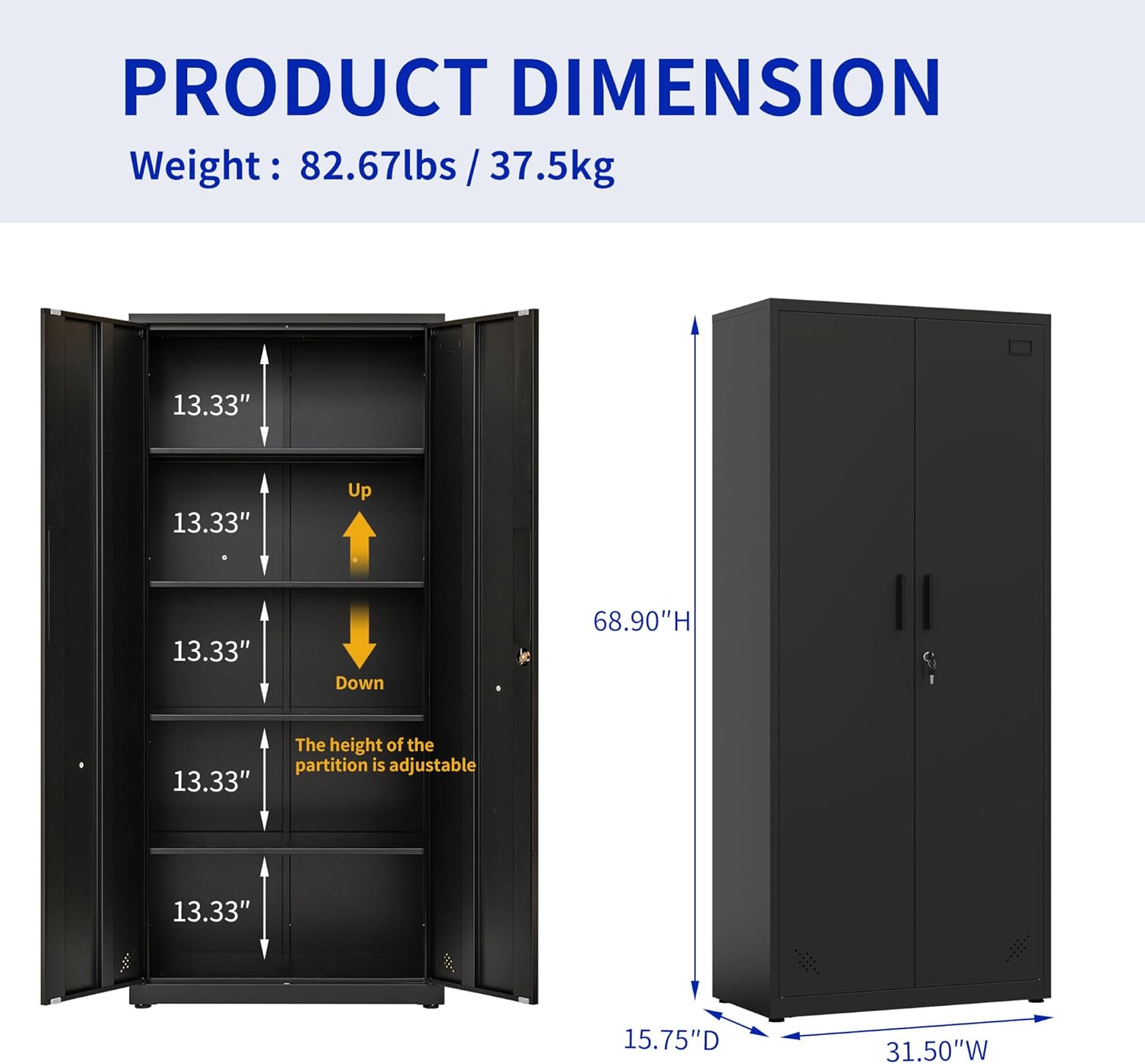 Metal Garage Storage Cabinet, Tall Locking Steel Cabinet with 4 Shelves (Black) G5446