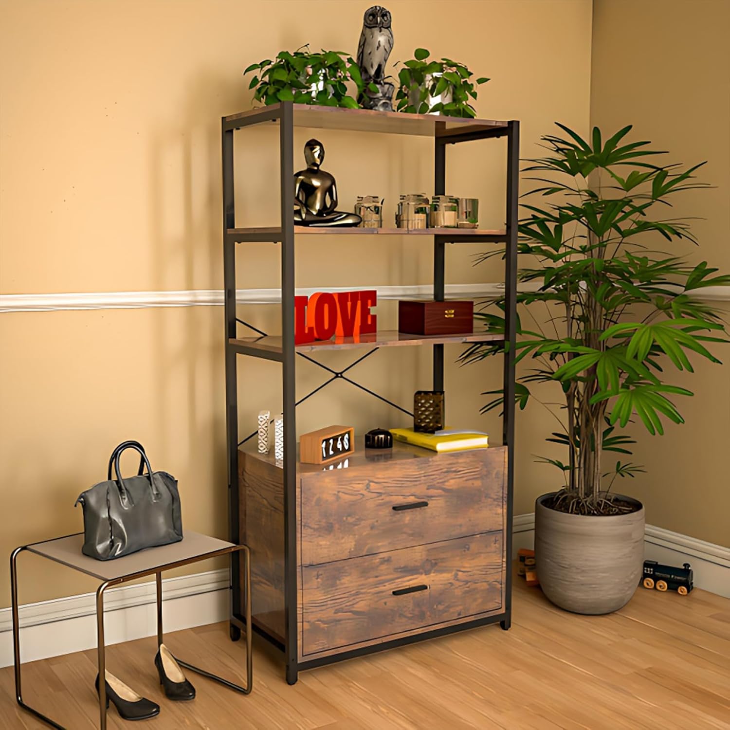Industrial Bookcase with File Cabinet Drawers, Vintage Brown I973736