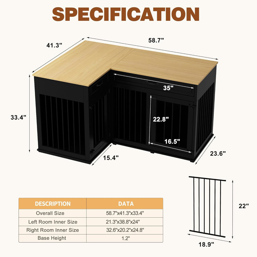 Large Corner Dog Crate Furniture for 2 Dogs, 51" Wooden Kennel with Double Rooms, Black A4644