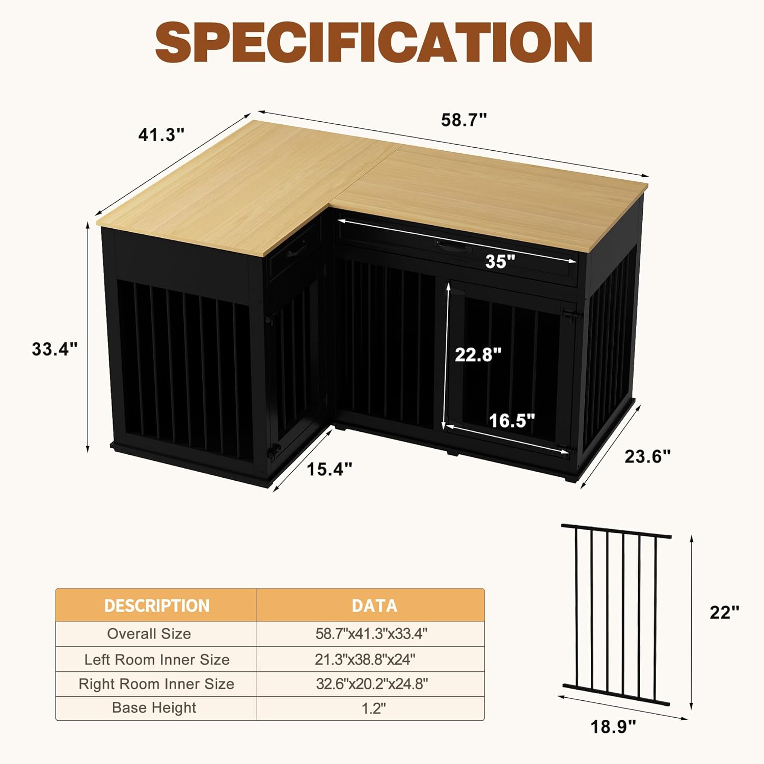 Large Corner Dog Crate Furniture for 2 Dogs, 51" Wooden Kennel with Double Rooms, Black A4644
