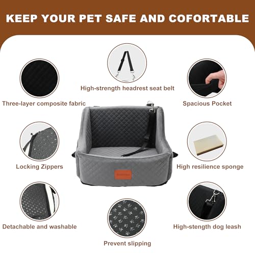 Dog Car Seat for Small Medium Dogs, Detachable Washable Booster Seat with Storage Pockets, Grey D573374