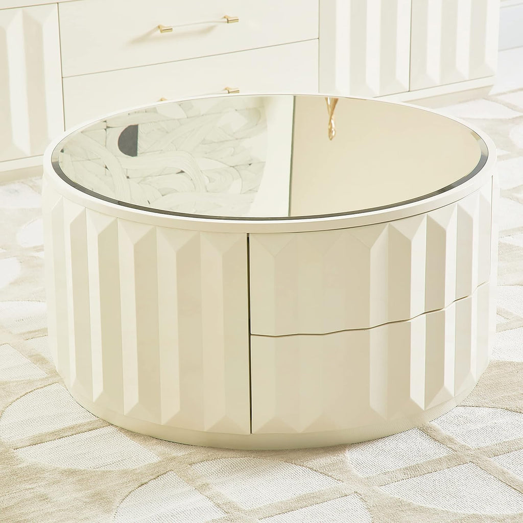 Jennifer Taylor Home JTH LUXE Wilson 35.5" Round Storage Coffee Table, White Lacquer Birchwood
