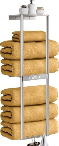 Bathroom Towel Storage Rack, Wall Towel Rack for Rolled Towels, 3 Tier Towel Holder Shelf with 4 Hooks for Small Bathroom, Brushed Nickel