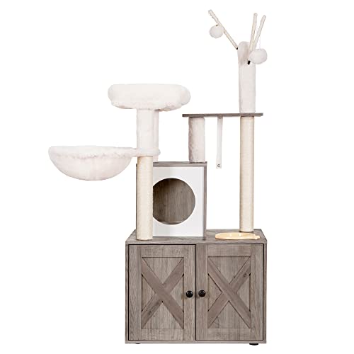 Heybly Cat Tree with Litter Box Enclosure and Food Station, Rustic Brown G73707
