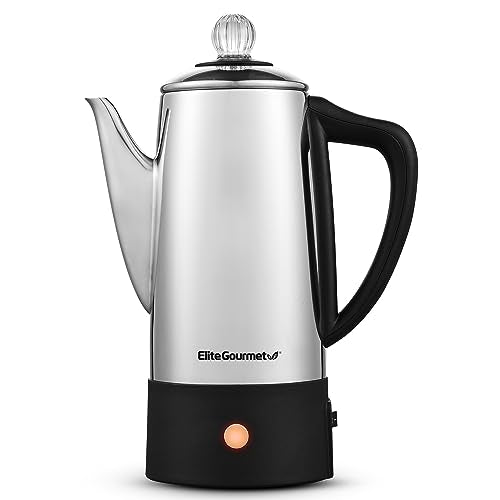 Elite Gourmet EC812 Electric 12-Cup Coffee Percolator with Keep Warm, Clear Brew Progress Knob Cool-Touch Handle Cord-less Serve, Stainless Steel