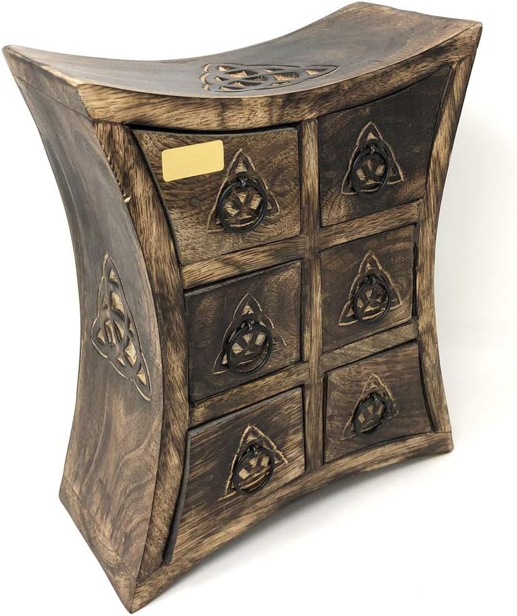 vrinda® Wooden Storage Almirah Curved Triquetra - Premium Quality Wood Handcrafted Herb Cupboard for Wicca, Pagan, and Herbal Practices - Compact 6" L x 4" W x 8" H Size