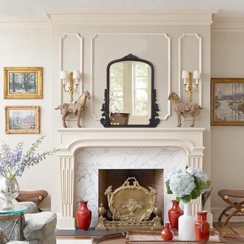 Black Antique Arched Wall Mirror Wooden Frame Baroque Style R6980