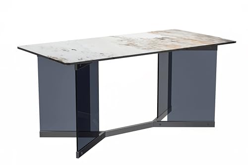 LeisureMod Modern Rectangular Table with Glass/Sintered Stone Top and Stainless Steel Base, 4 to 8 People for Dining Room and Kitchen Oryn Series, 71 Inch, Medium Grey