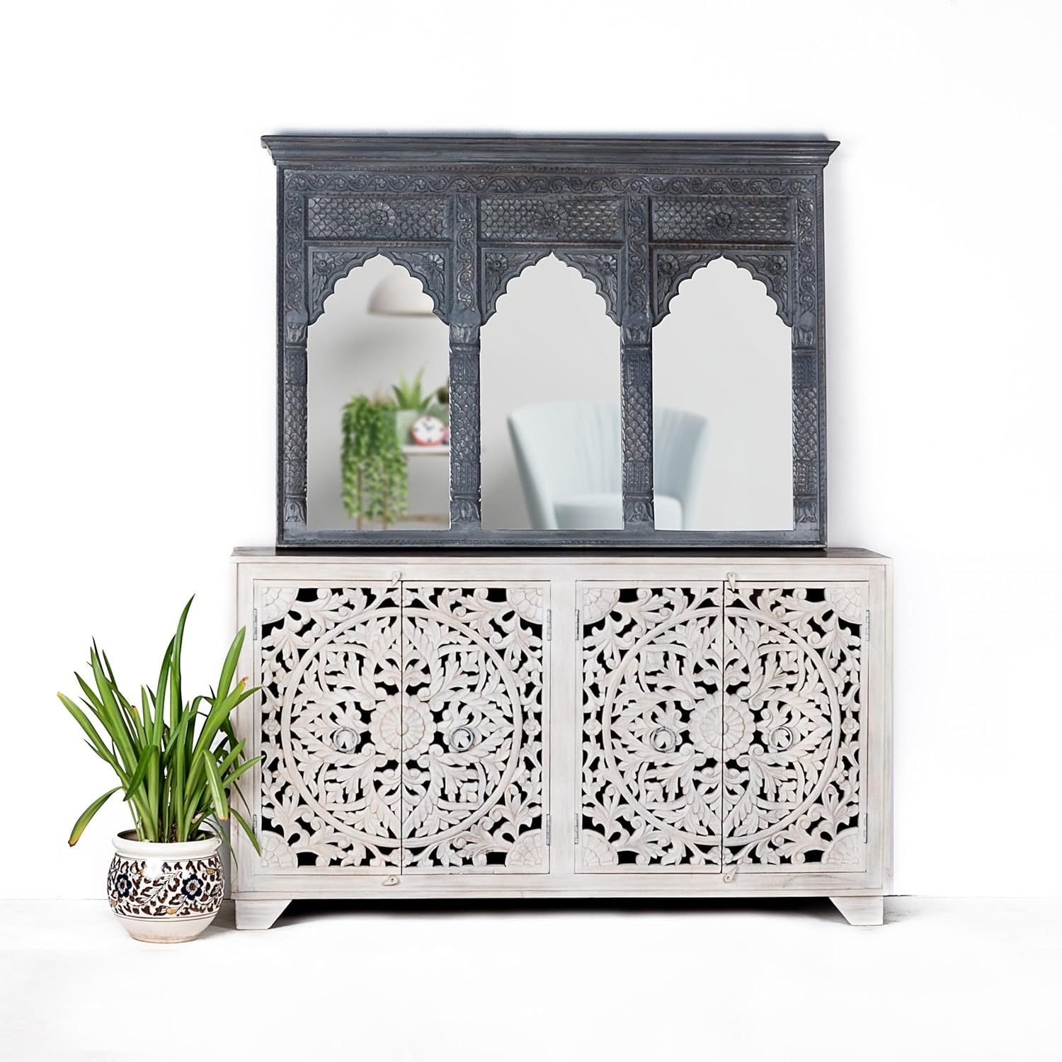 Hand Carved White Sideboard Cabinet W3167