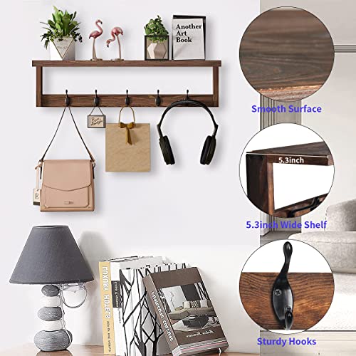 2 Pack Wall Mount Coat Rack with Shelf, Wood Hooks, Rustic Brown M99221
