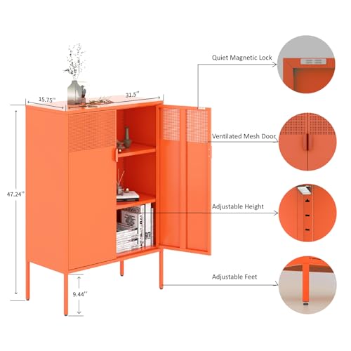 Metal Storage Sideboard with Adjustable Shelves, Orange, 47" O3745
