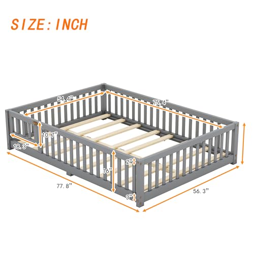 Montessori Floor Bed with Safety Fence, Solid Wood, Gray G24661