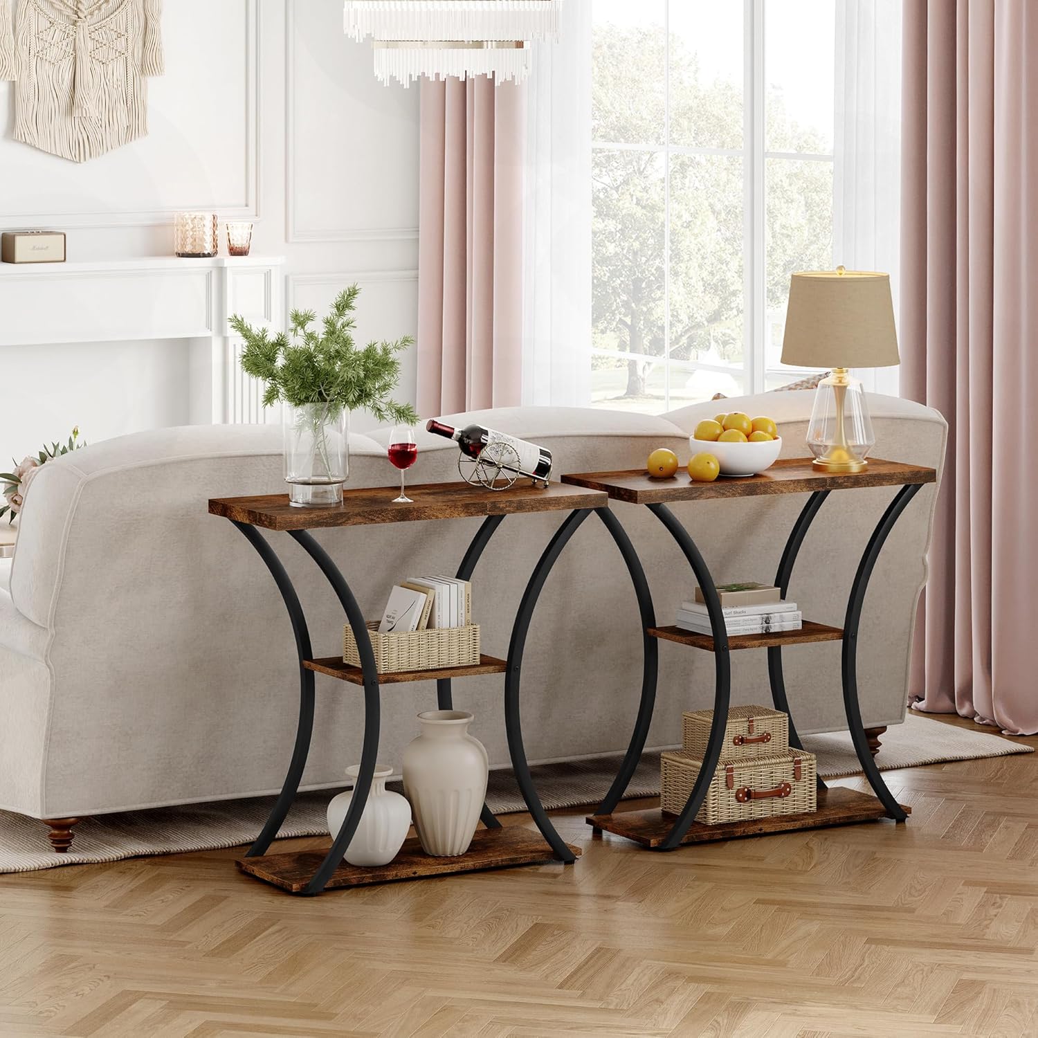 Hoctieon 3 Tier Console Table with Open Wood Shelves, Curved Metal Frames, Rustic Brown+Black E862