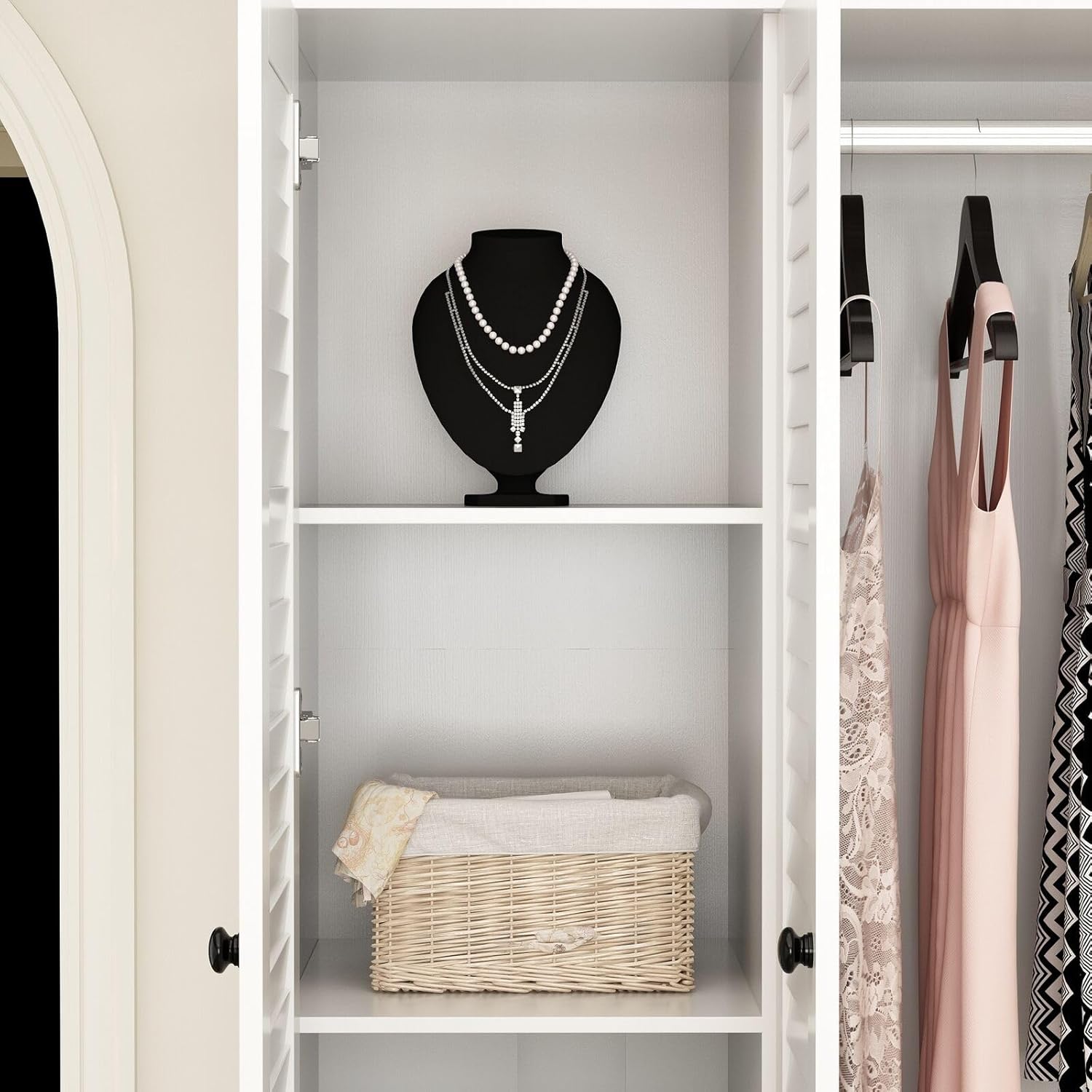 Rustic White Slat Door Wardrobe Closet with 5 Drawers and 4 Doors T542480
