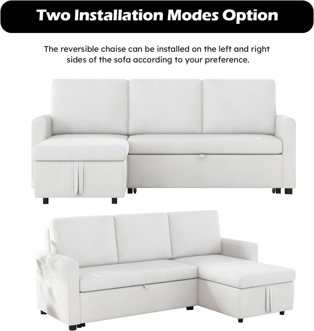 Convertible Sleeper Sofa Bed 3 in 1, Corduroy L-Shaped Sectional with Storage, Beige I696464