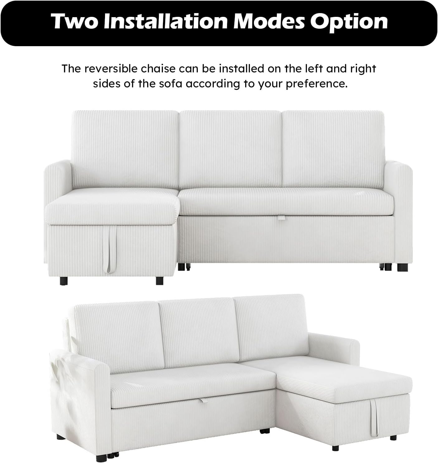 Convertible Sleeper Sofa Bed 3 in 1, Corduroy L-Shaped Sectional with Storage, Beige I696464