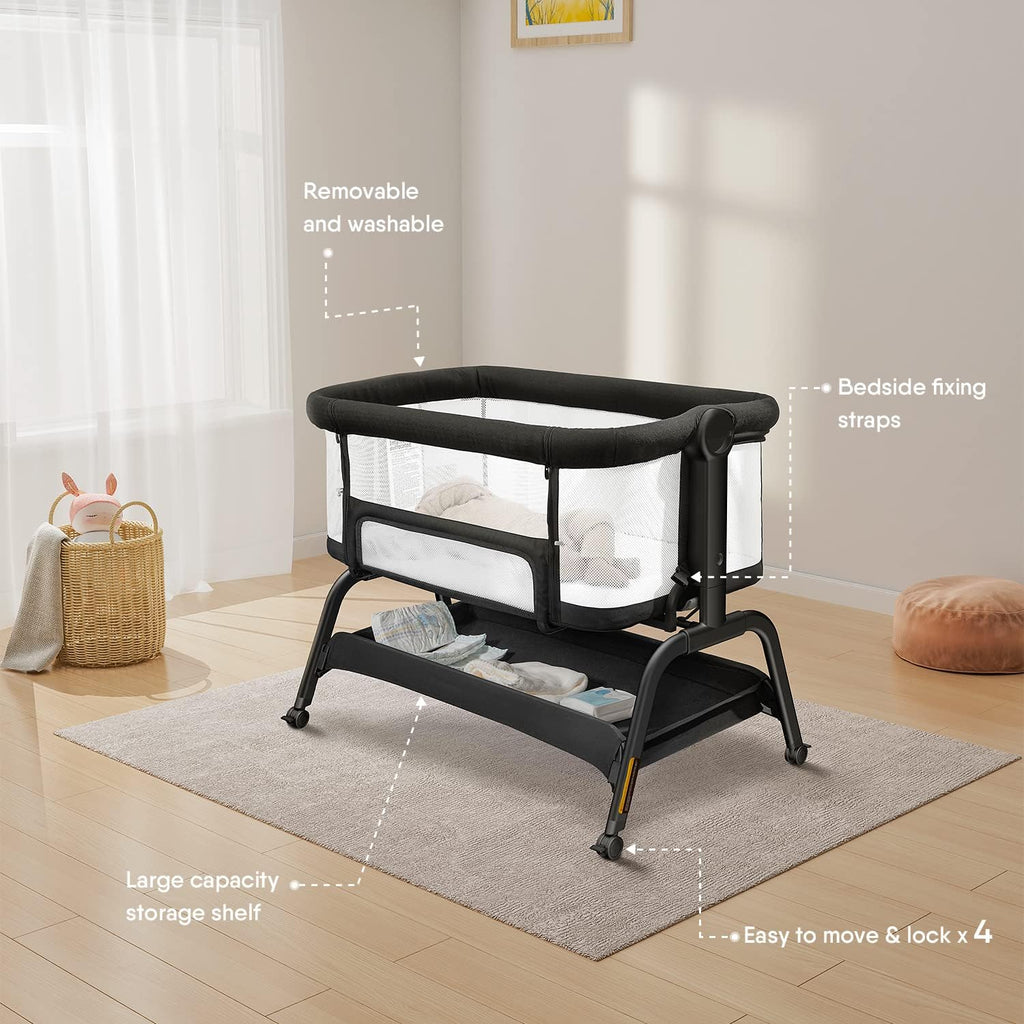 3 in 1 Baby Bassinet Bedside Crib with Soft Mattress, 6 Height Adjustable O261887