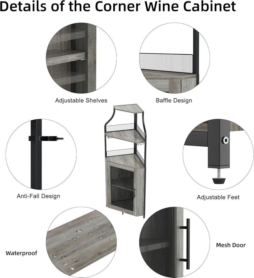 Corner Wine Cabinet with Detachable Rack and Glass Holder, Grey E9167