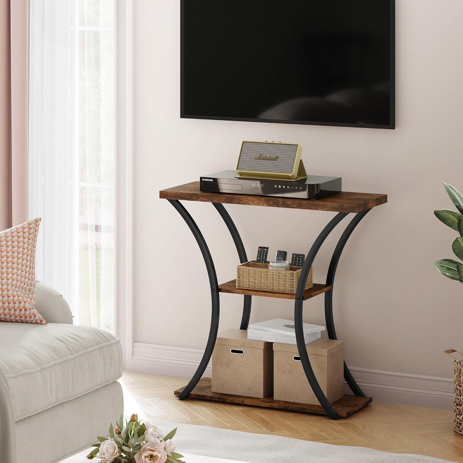 Hoctieon 3 Tier Console Table with Open Wood Shelves, Curved Metal Frames, Rustic Brown+Black E862