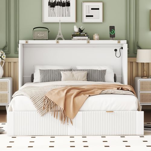 Merax Full Size Murphy Bed Cabinet with Storage, Wood Folding Wall Bed, Grey X84273