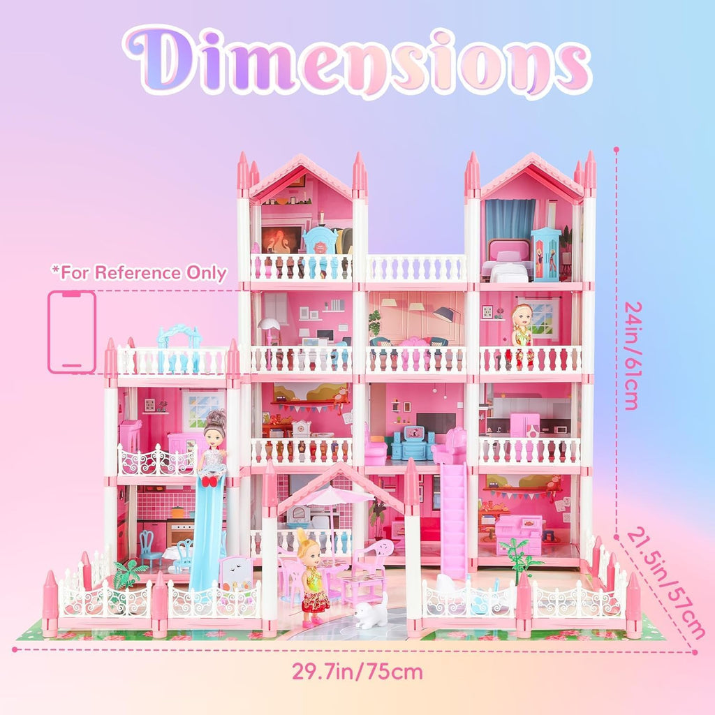 Doll House 4-Story 15 Rooms Playhouse with 3 Dolls, Lights, Furniture and Accessories R44733